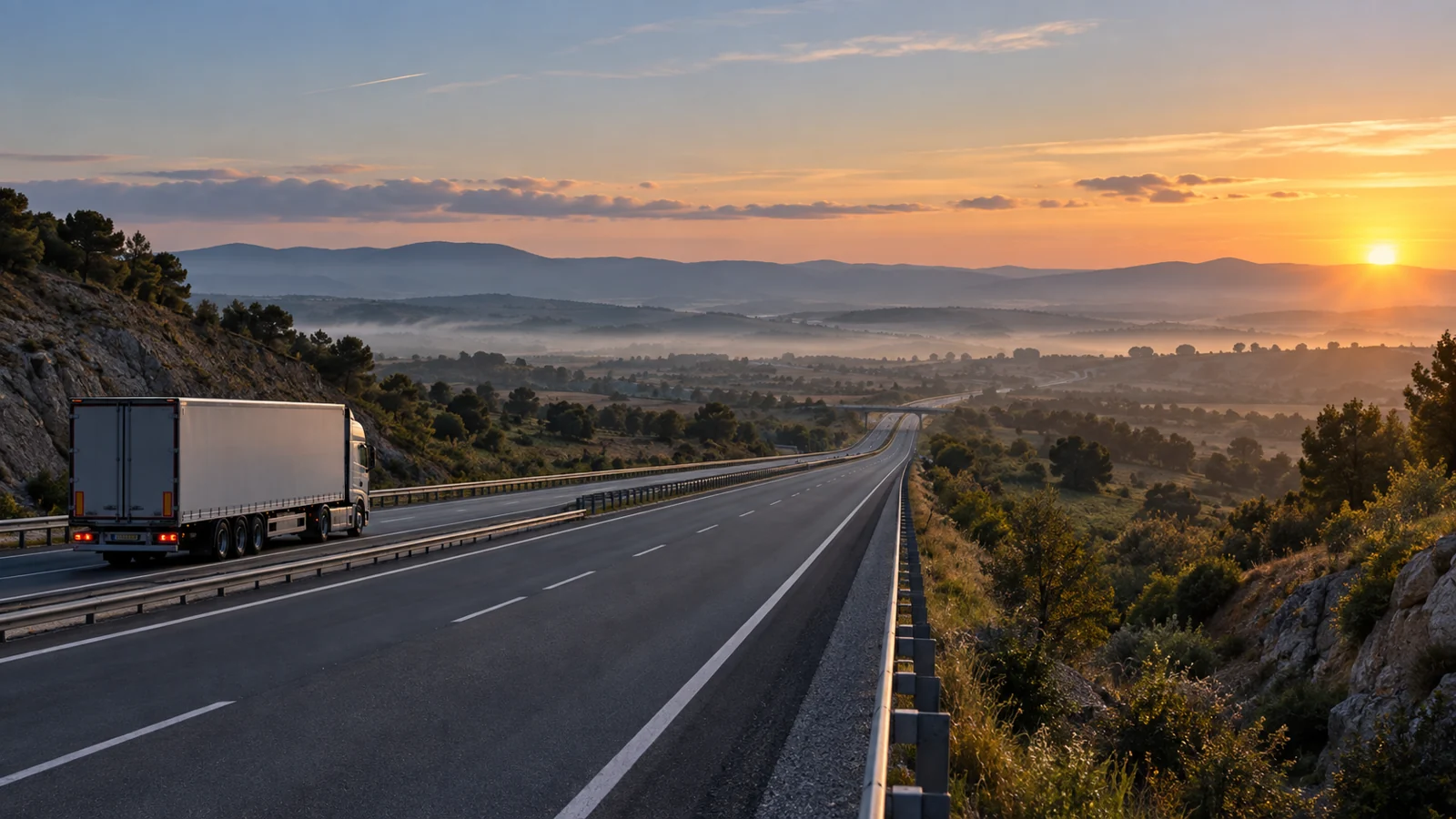 Una carretera entre montañas al atardecer